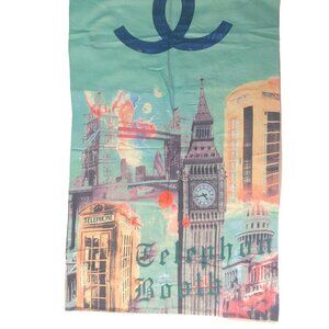 Vintage Chanel Multi-Color Green Telegraph Booth Print Blanket Scarf Scarve Wrap